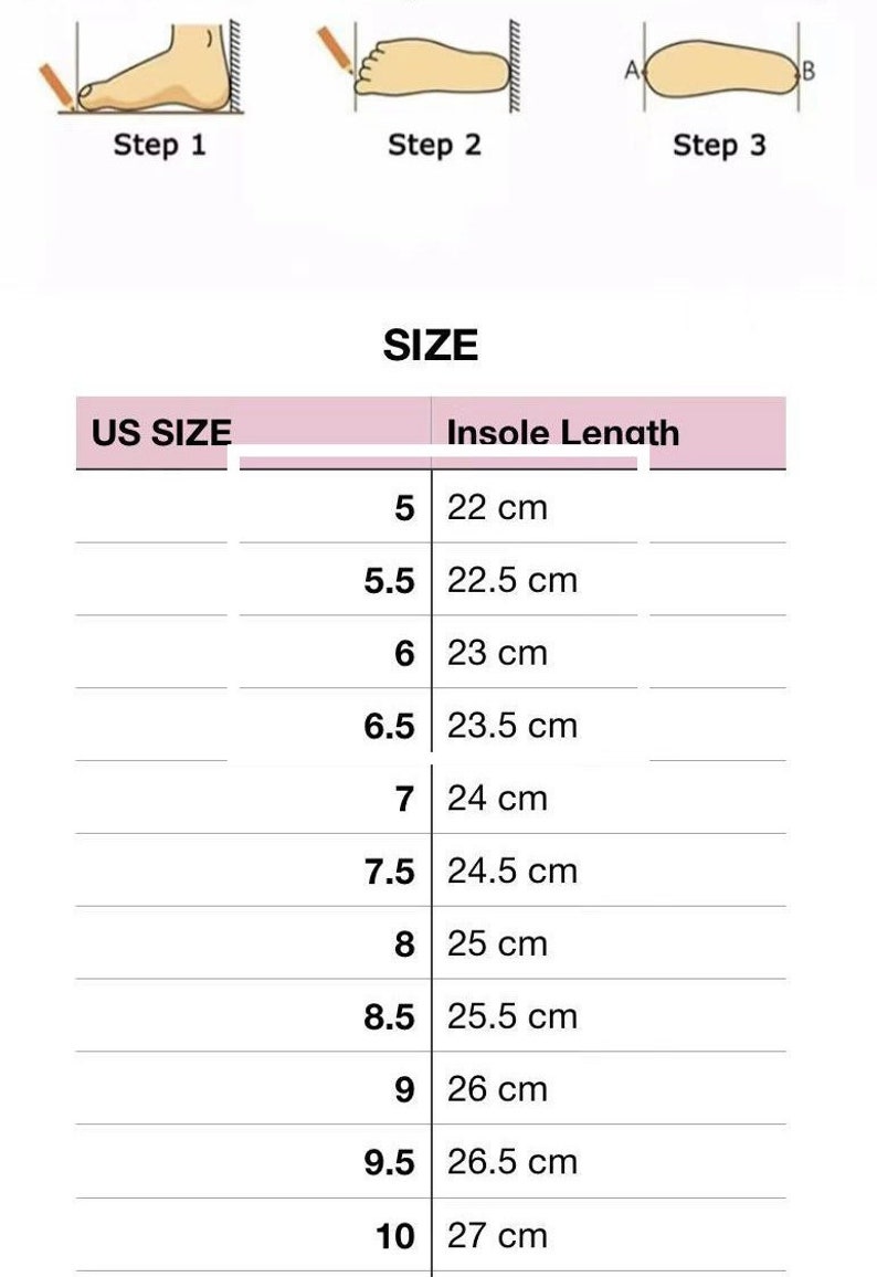Peut inclure: Un tableau montrant les pointures US et les longueurs de semelle correspondantes en centim&egrave;tres. Le tableau montre les tailles 5 &agrave; 10, avec des demi-tailles incluses.