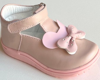 Beautiful Mary Jane Girl Cute Pink Bow Shoes|Mexico Leather and handmade |Comfortable |Dress party Toddler|Little girl|Big Girls