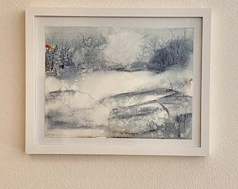 Handmade Art Work, paint abstract using water color, With White Frame, original art, landscape ,Snow, Christmas gift, home decoration,
