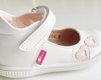 Beautiful Baby Girl Shoes 100% Leather ｜handmade |Baptism Shoes |Lovely white | Pink heart pattern |Easter Day |Toddler |Little girl shoes