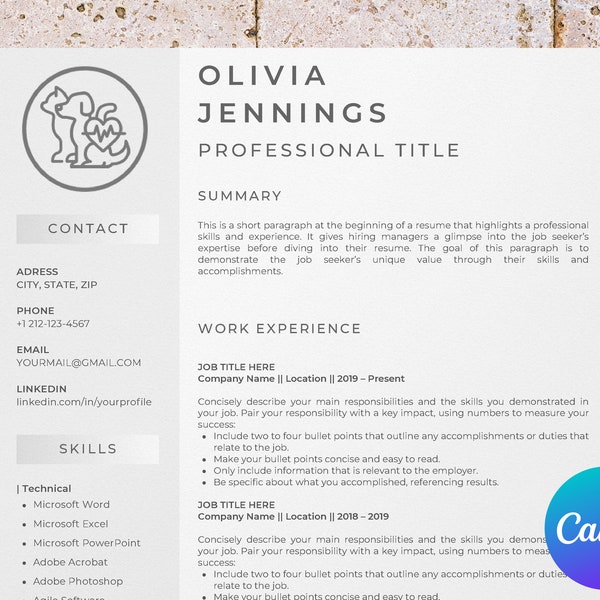 Veterinary assistant resume template for Canva, veterinary technician, vet tech, vet receptionist, veterinary student