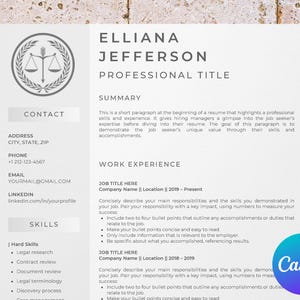 May include: A resume template for a legal professional. The template features a gray scale image of a scale of justice with a laurel wreath. The template includes sections for contact information, skills, work experience, and a summary.