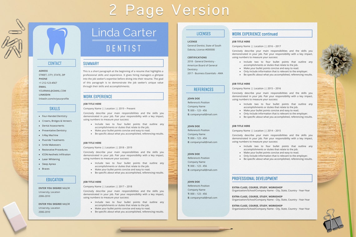 Dental Assistant Resume Template for Word Dentist Dental | Etsy