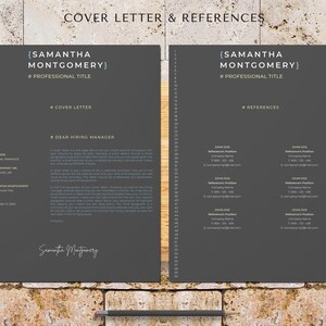 May include: A black and white cover letter and references template with the name Samantha Montgomery and the title "Professional Title" at the top of each page.
