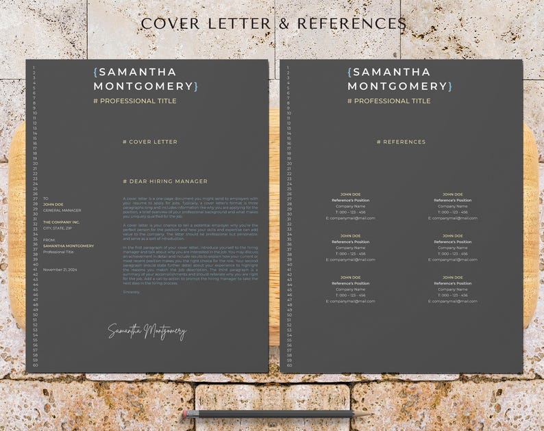 May include: A black and white cover letter and references template with the name Samantha Montgomery and the title "Professional Title" at the top of each page.