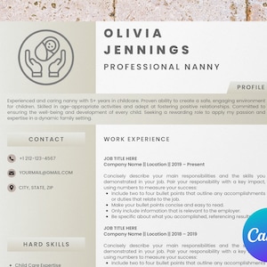 Canva のナニー履歴書テンプレート、ベビーシッター履歴書とモダンなカバーレターテンプレート、オーペア、チャイルドケア履歴書、デイケアワーカー