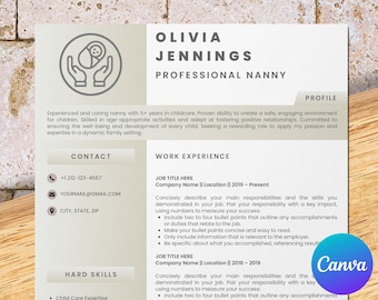 Nanny resume template for Canva, babysitter resume and modern cover letter template, Au Pair, child care resume, daycare worker
