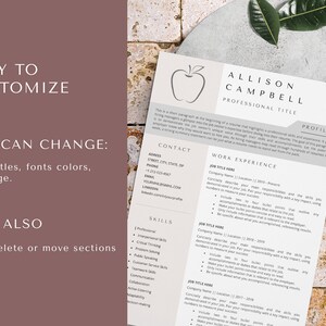 May include: A customizable resume template with a red apple icon. The template includes sections for contact information, work experience, skills, and a profile. The text is in a simple, modern font.