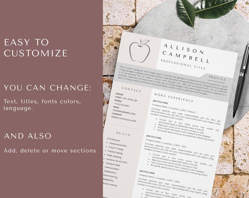 May include: A customizable resume template with a red apple icon. The template includes sections for contact information, work experience, skills, and a profile. The text is in a simple, modern font.