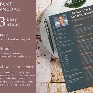 May include: A dark gray and light pink resume template with a professional photo of a woman in the top left corner. The resume template includes sections for contact information, summary, work experience, languages, education, and professional title. The text "[SAMANTHA MONTGOMERY]" is at the top of the resume.