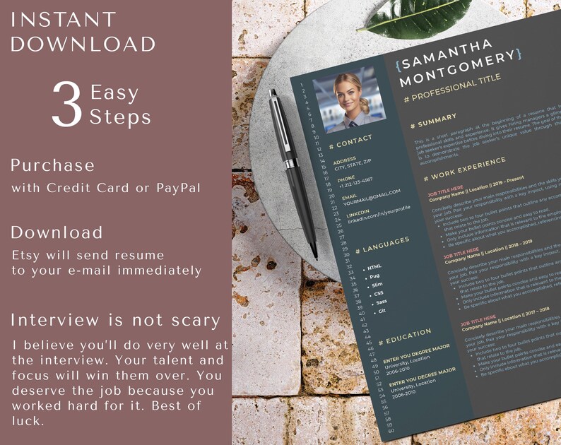 May include: A dark gray and light pink resume template with a professional photo of a woman in the top left corner. The resume template includes sections for contact information, summary, work experience, languages, education, and professional title. The text "[SAMANTHA MONTGOMERY]" is at the top of the resume.