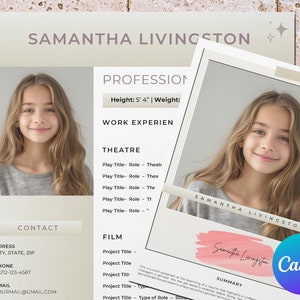 Plantilla de currículum de actor infantil para Canva, currículum de actor infantil, cv de actor y actriz modelo infantil con foto, retrato moderno y carta de presentación