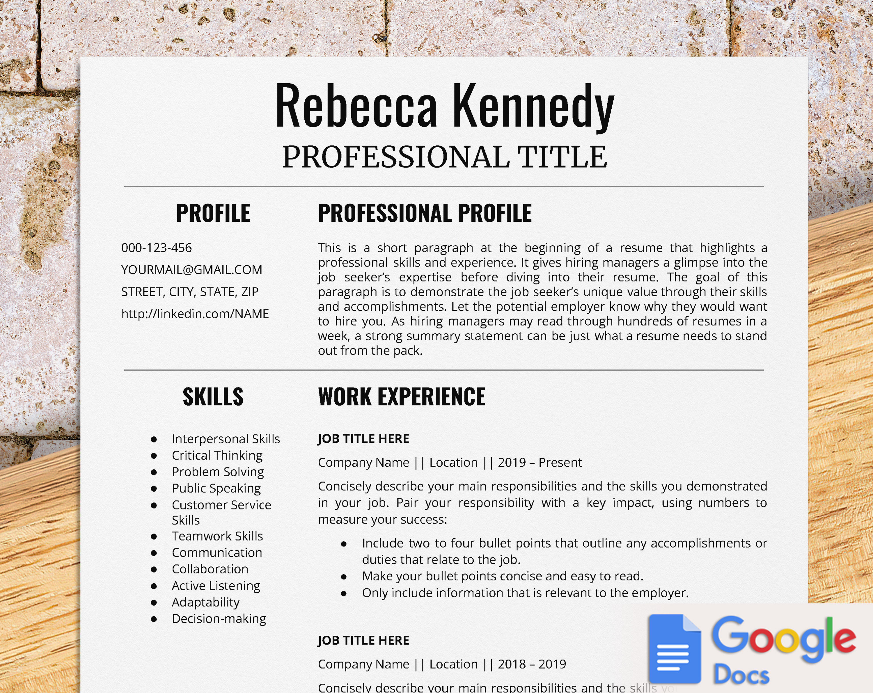 Federal government resume template for Google Docs, Military resume, USA jobs resume, Harvard & Yale resume, two column, single page