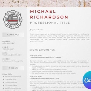 May include: A resume template with a fire department logo at the top. The template includes sections for contact information, skills, work experience, and a summary. The template is designed to help job seekers create a professional resume.