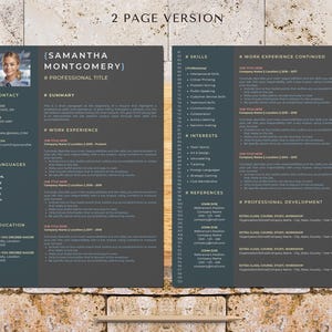 May include: A two-page resume template with a dark gray background and light brown text. The resume includes sections for contact information, summary, work experience, skills, interests, references, and professional development. The resume is designed to be used by job seekers.