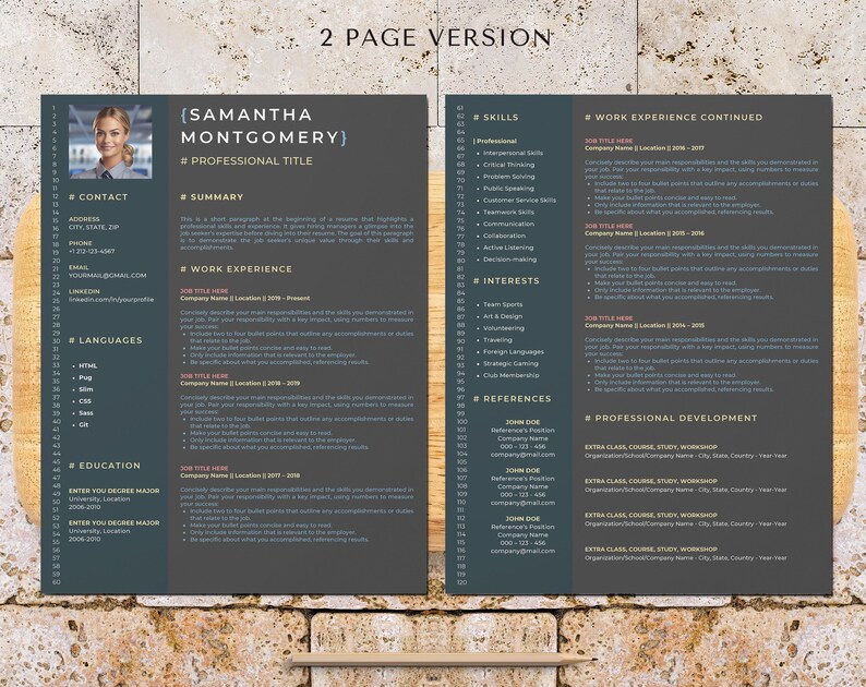 May include: A two-page resume template with a dark gray background and light brown text. The resume includes sections for contact information, summary, work experience, skills, interests, references, and professional development. The resume is designed to be used by job seekers.