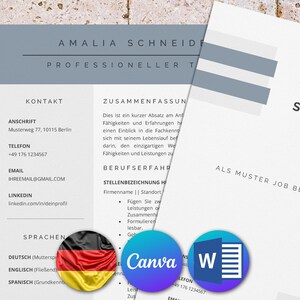 Könnte beinhalten: Eine minimalistisch gestaltete Lebenslaufvorlage in Blau- und Grautönen. Die Vorlage enthält Abschnitte für Kontaktinformationen, eine Zusammenfassung, Berufserfahrung, Fähigkeiten und Ausbildung. Der Text "AMALIA SCHNEIDER" befindet sich oben auf der Seite.