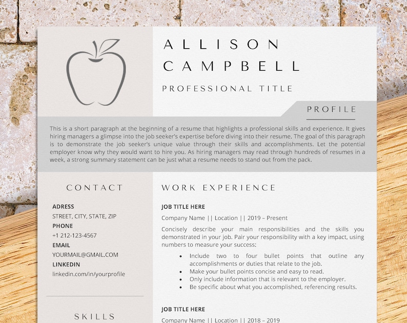May include: A resume template with a red apple icon at the top. The template includes sections for contact information, work experience, and skills. The text "ALLISON CAMPBELL" is at the top of the page.