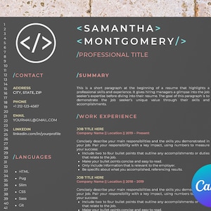 May include: A black and white resume template featuring a code symbol in the top left corner. The resume is for Samantha Montgomery, a professional with experience in web development. The resume includes sections for contact information, summary, work experience, and languages.