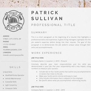 May include: A resume template with a fire department logo in the top left corner. The resume is for Patrick Sullivan, who is applying for a professional title. The resume includes sections for address, phone, email, LinkedIn, skills, summary, and work experience.