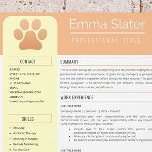 May include: A resume template with a paw print graphic in the top left corner. The resume is for Emma Slater, with a professional title, contact information, skills, summary, and work experience sections.