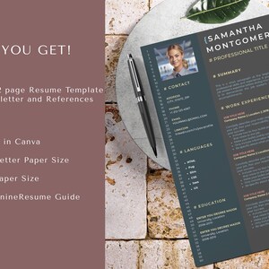 May include: A dark gray resume template with a light gray border. The template includes sections for contact information, summary, work experience, languages, education, and professional title. The text "[SAMANTHA MONTGOMERY]" is at the top of the page. The template is designed for a professional resume.