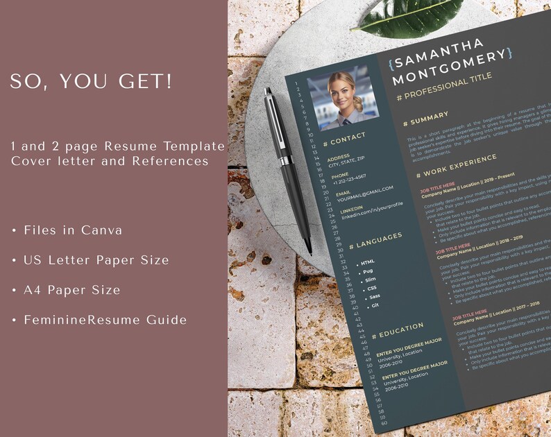 May include: A dark gray resume template with a light gray border. The template includes sections for contact information, summary, work experience, languages, education, and professional title. The text "[SAMANTHA MONTGOMERY]" is at the top of the page. The template is designed for a professional resume.