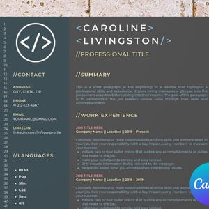 May include: A dark grey resume template featuring a code symbol in the top left corner. The resume is for Caroline Livingston and includes sections for contact information, summary, work experience, and languages. The template is designed for professional job applications.