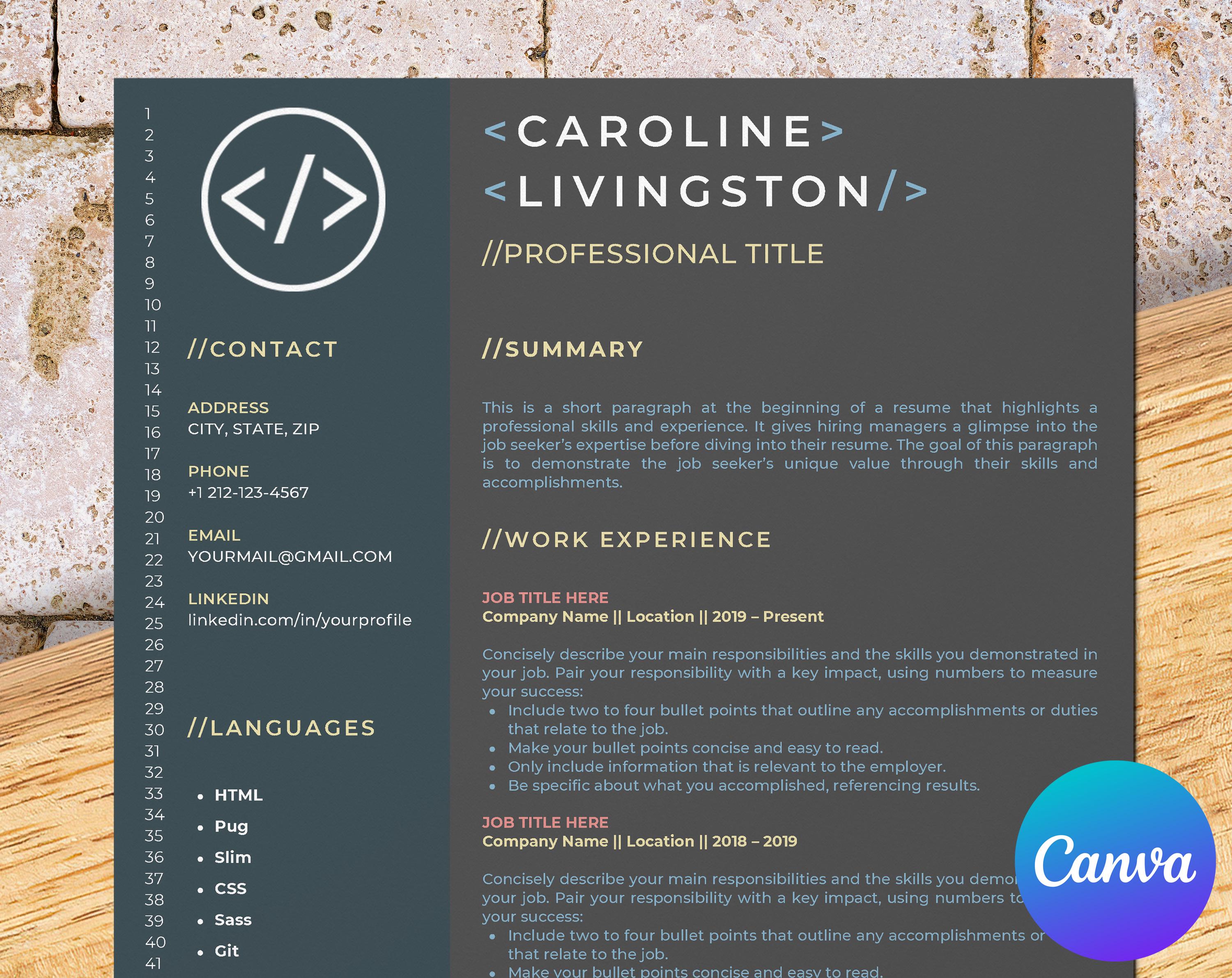 Developer Resume Template for Canva: Highlight Skills as a Web or ...