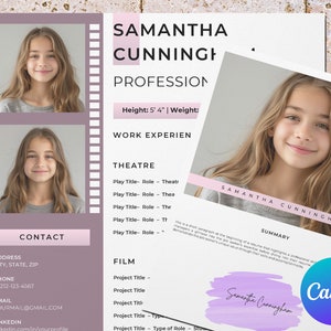 Plantilla de currículum de actor infantil con foto para Canva, modelo infantil, actor y actriz, plantilla de currículum, foto de rostro, carta de presentación y página de referencia