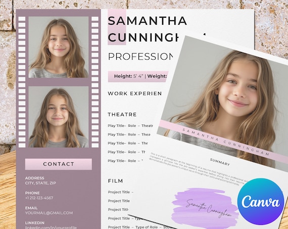 Child actor resume template with photo for Canva, child model actor and actress resume, headshot, cover letter and reference page template