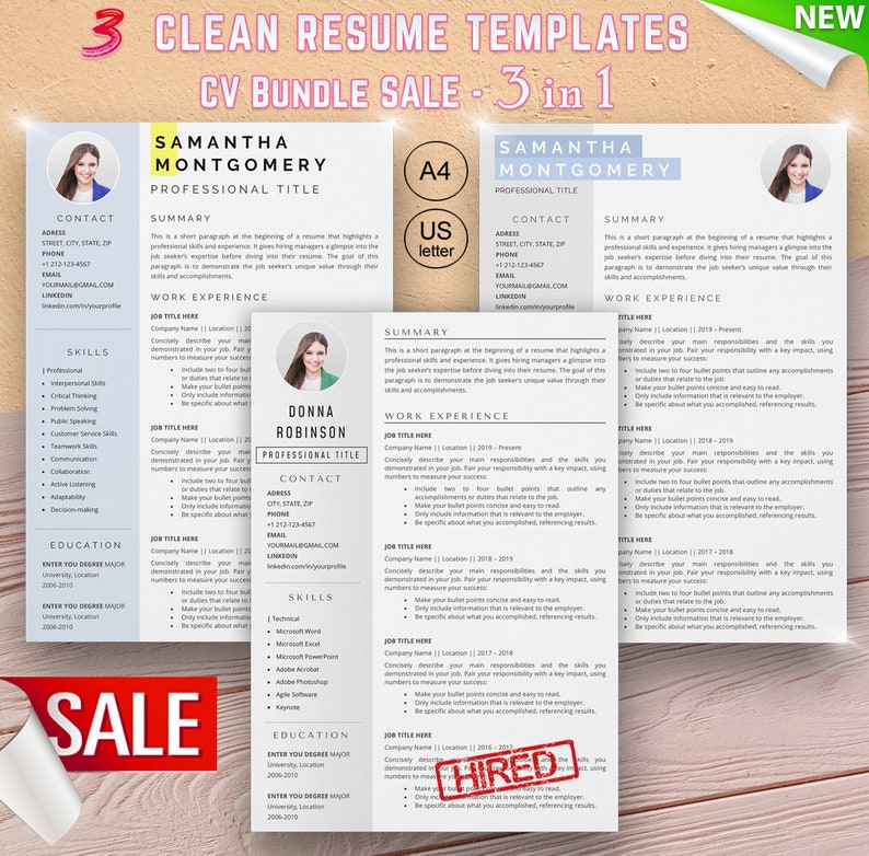 May include: Three clean resume templates in a bundle sale. The templates are designed for A4 paper and US letter size. The templates feature a professional design with a modern layout. The templates include sections for contact information, summary, work experience, skills, and education. The templates are designed to help job seekers create a professional and effective resume.