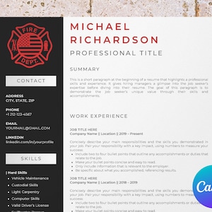 May include: A black and white resume template with a red fire department logo in the top left corner. The resume includes contact information, a summary, work experience, and skills sections. The text "MICHAEL RICHARDSON" is in a large, bold font at the top of the page.