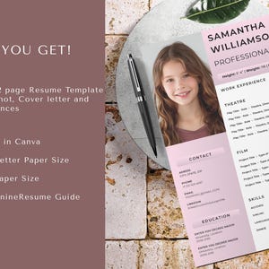 May include: A pink and white resume template featuring a headshot of a young girl. The template includes sections for work experience, theatre, film, skills, education, and contact information. The text "Samantha Williamson Professional Title" is at the top of the resume.