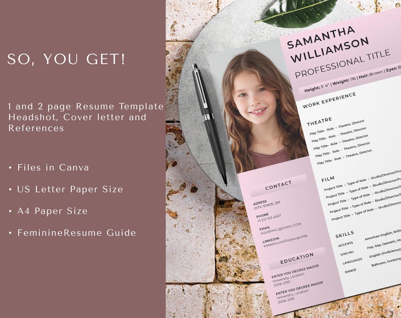 May include: A pink and white resume template featuring a headshot of a young girl. The template includes sections for work experience, theatre, film, skills, education, and contact information. The text "Samantha Williamson Professional Title" is at the top of the resume.