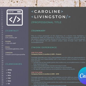 May include: A dark grey resume template with a light blue code symbol in the top left corner. The resume is for Caroline Livingston and includes sections for contact information, summary, work experience, and languages. The text "Canva" is visible in the bottom right corner.