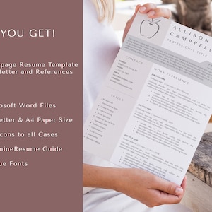 May include: A resume template with a red apple logo and the text "Allison Campbell Professional Title". The template includes sections for contact information, work experience, skills, and a profile. The text "SO, YOU GET!" is at the top of the page. The text below the logo reads "1 and 2 page Resume Template Cover letter and References". The text below that reads "&bull; Microsoft Word Files &bull; US Letter & A4 Paper Size &bull; 100 Icons to all Cases &bull; Feminine Resume Guide &bull; Unique Fonts".
