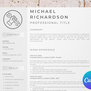 May include: A resume template with a wrench icon, contact information, skills, and work experience sections. The template is designed to help job seekers create a professional resume.