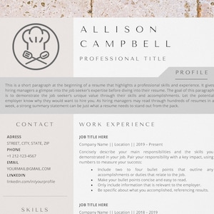 May include: A resume template with a chef hat icon. The template includes sections for contact information, work experience, skills, and a profile section. The profile section includes a description of the purpose of a resume.