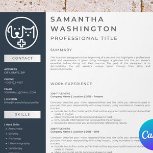 Modelo de currículo de assistente veterinário para Canva, carta de apresentação de técnico veterinário, currículo de tecnologia veterinária, recepcionista veterinária, estudante de veterinária