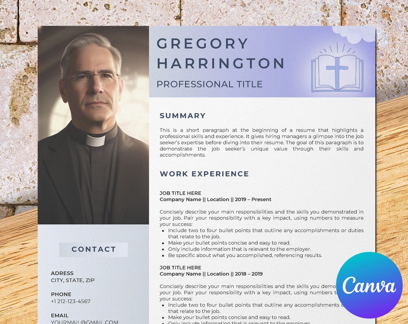 Pastor Resume Template for Canva, Church Resume, Religion Cv, Chaplain