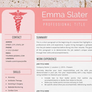 Może przedstawiać: Szablon CV w kolorze różowym i białym z symbolem medycznym u góry. CV zawiera dane kontaktowe, podsumowanie, doświadczenie zawodowe i umiejętności. Tekst w CV jest czarny.