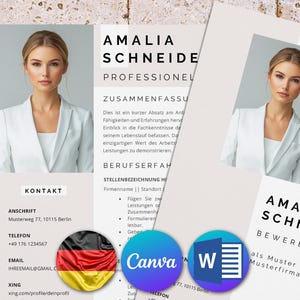 May include: A minimalist CV template featuring a professional headshot, contact details, and a summary of skills and experience. The template is designed for use with Canva and Microsoft Word.