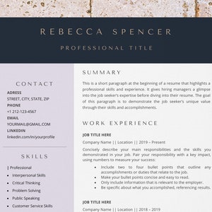 May include: A resume template with a dark blue header and a light gray background. The header includes the name "Rebecca Spencer" and the title "Professional Title". The resume includes sections for "Contact", "Summary", "Skills", and "Work Experience".