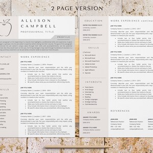 May include: A two-page resume template with a red apple icon at the top. The resume includes sections for contact information, skills, work experience, education, interests, awards, and references. The template is designed to be professional and easy to read.