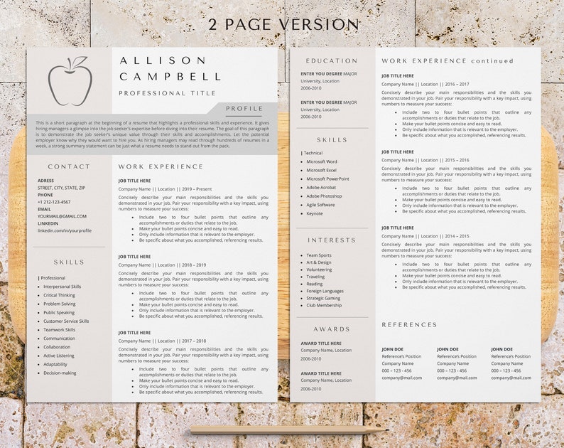 May include: A two-page resume template with a red apple icon at the top. The resume includes sections for contact information, skills, work experience, education, interests, awards, and references. The template is designed to be professional and easy to read.