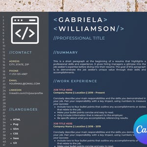 May include: A blue and white resume template with the text "<GABRIELA> <WILLIAMSON/> //PROFESSIONAL TITLE" at the top. The resume includes sections for contact information, summary, work experience, and languages.