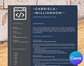 Software developer resume template for Canva, software engineer, it programmer, front end, web, full stack, html, php, java, react, angular