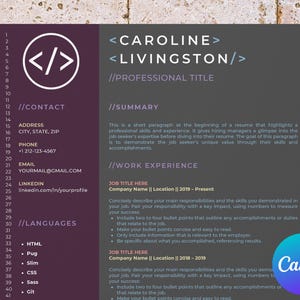 May include: A purple and grey resume template with the text "CAROLINE <LIVINGSTON/>" at the top. The template includes sections for contact information, summary, work experience, and languages. The text "//CONTACT" is in purple, and the text "//SUMMARY" is in grey. The text "//WORK EXPERIENCE" is in grey. The text "//LANGUAGES" is in purple. The template is designed to be used for job applications.