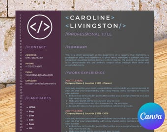 Software developer resume template for Canva: tailored for web software engineers, it programmer, java, full stack, front end, sql